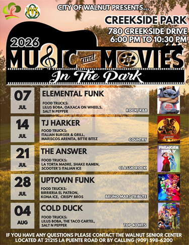 Schedule for Music & Movies in the Park 2026