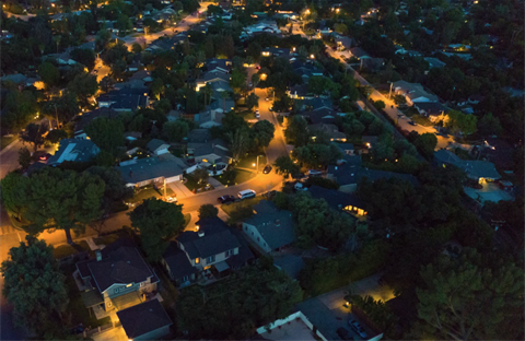 Arial shot of neighborhood at night 